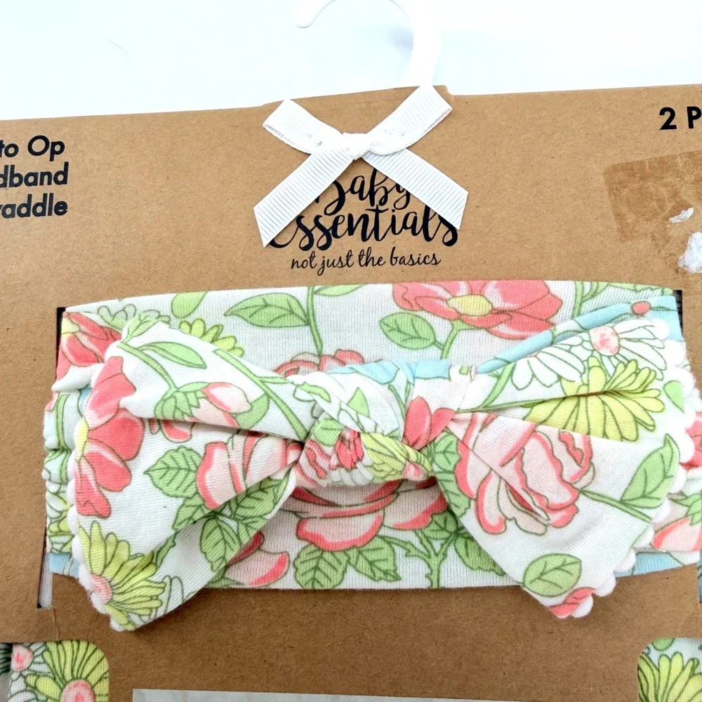 Baby Essentials Swaddle Headband Set Baby OS White Floral NIB Photo Op 2pc